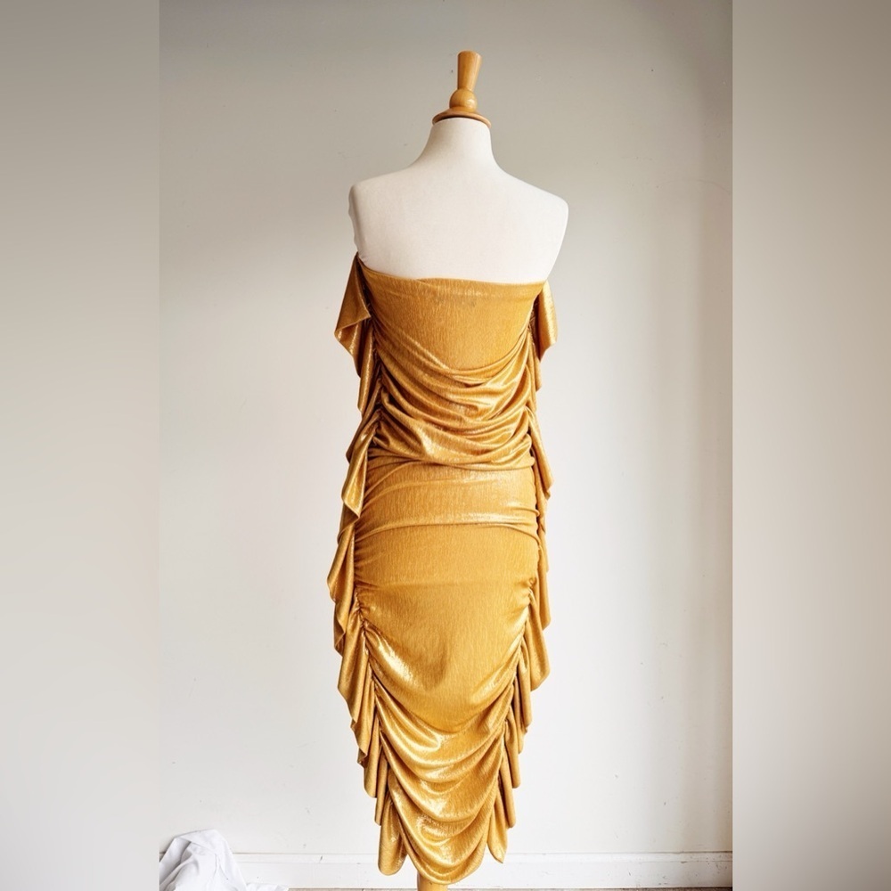 AKIRA Metallic Gold Strapless Midi Dress | Ruched Fringe Bodycon Size Small - Picture 5 of 7